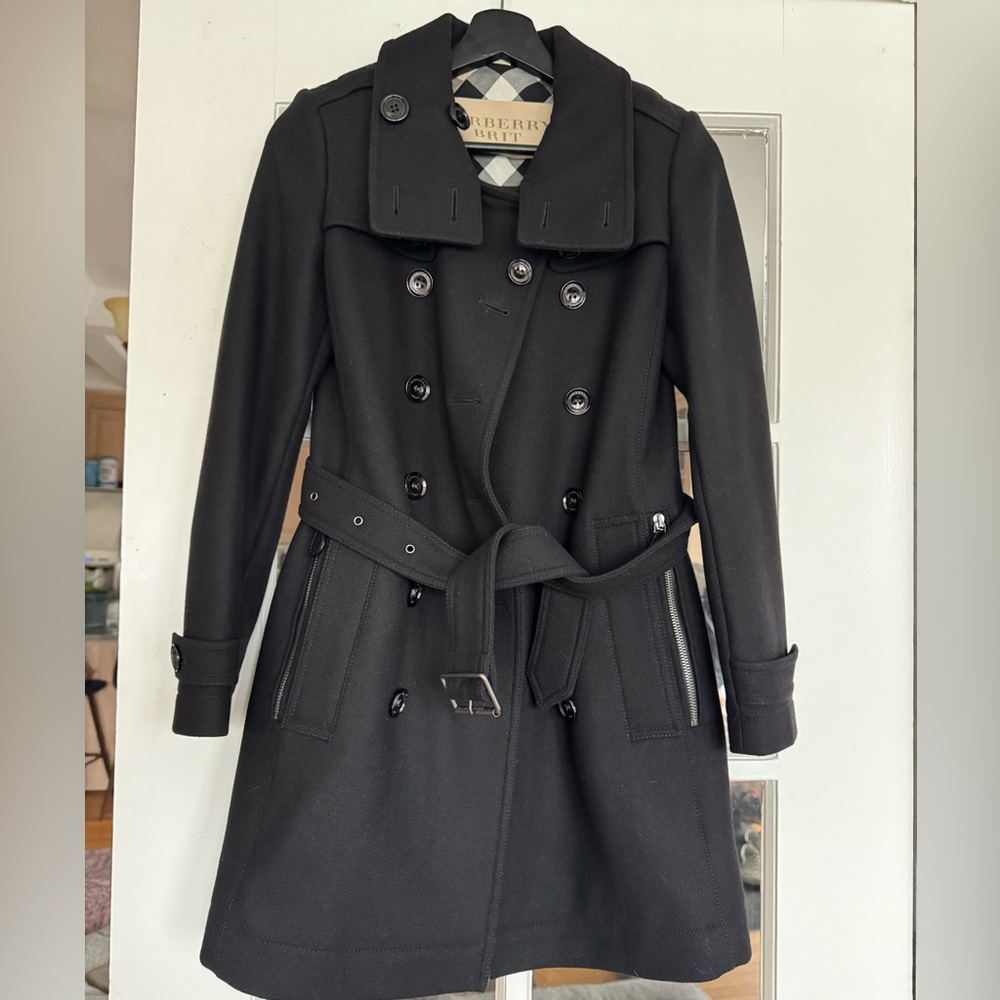 Authentic Burberry Brit Black Double-Breasted Coat with belt